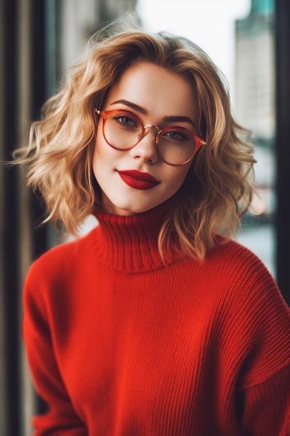 Premium Ai Image A Woman In A Red Sweater And Glasses