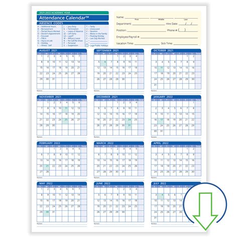 Downloadable Academic Year Employee Attendance Calendar Hrdirect