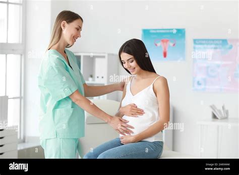 Female Gynecologist Working With Pregnant Woman In Clinic Stock Photo