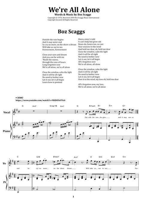 Were All Alone Arr From68 Sheet Music Boz Scaggs Piano And Vocal