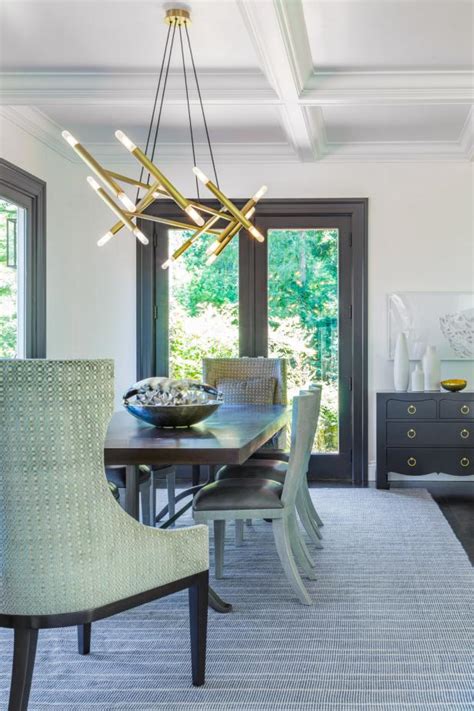 Gray Transitional Dining Room With Gold Chandelier Hgtv