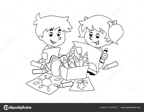 Cartoon Scene Kids Drawing Coloring Vector Coloring Page White