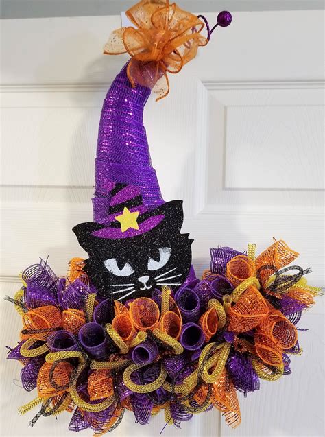 Witches Hat Wreath Front Door Hanger Black Cat Halloween | Etsy ...