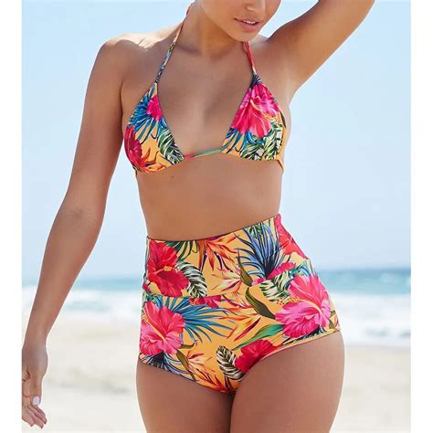 Floral Leaves Print Bikinis Women Swimwear 2018 Triangle Push Up Bikini