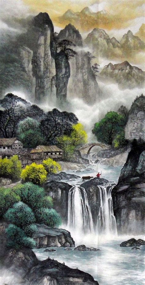 Ancient Village River Landscape Abstract Art Chinese Ink Brush Painting