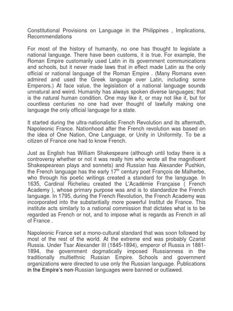 Giving heavier premium to the history of the colonizers in the philippines, and not to the history of filipinos. Constitutional Provisions on Language in the Philippines ...