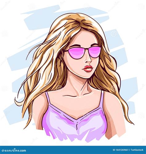 Menina Loira Desenhada à Mão Linda Mulher Em óculos De Sol De Moda Rosa Com Longa Ilustração De