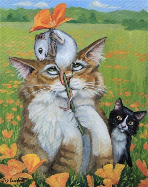 Cat Kitten Mouse Flowers Aceo Print From Original Oil By