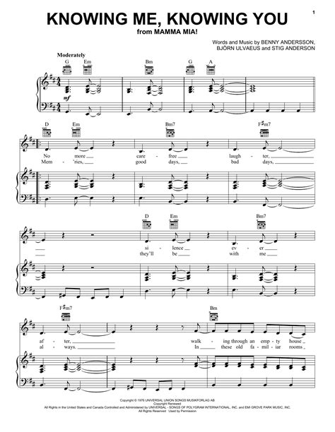 Knowing Me Knowing You Sheet Music Abba Piano Vocal And Guitar