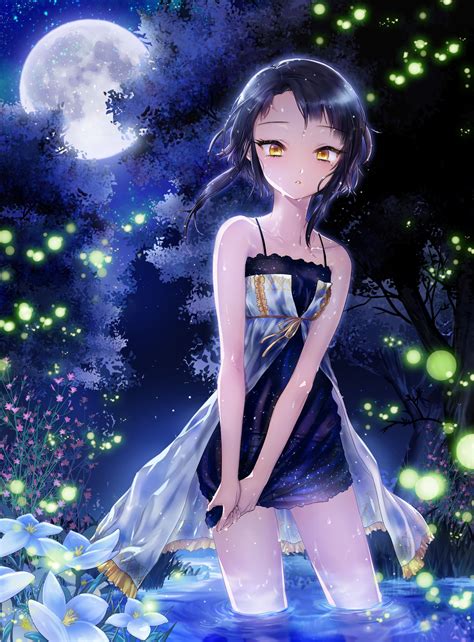 1girl Absurdres Bareshoulders Blackhair Dendiorama Dress Fireflies Flower Highres Moon