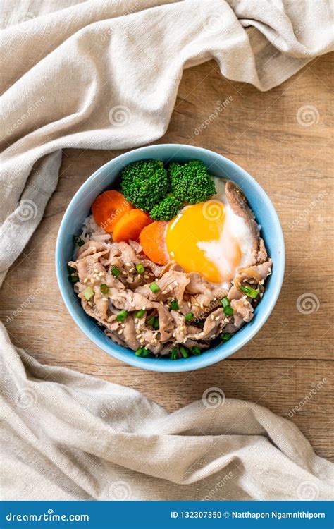Donburi Pork Rice Bowl With Onsen Egg And Vegetable Stock Photo Image Of Pork Dinner