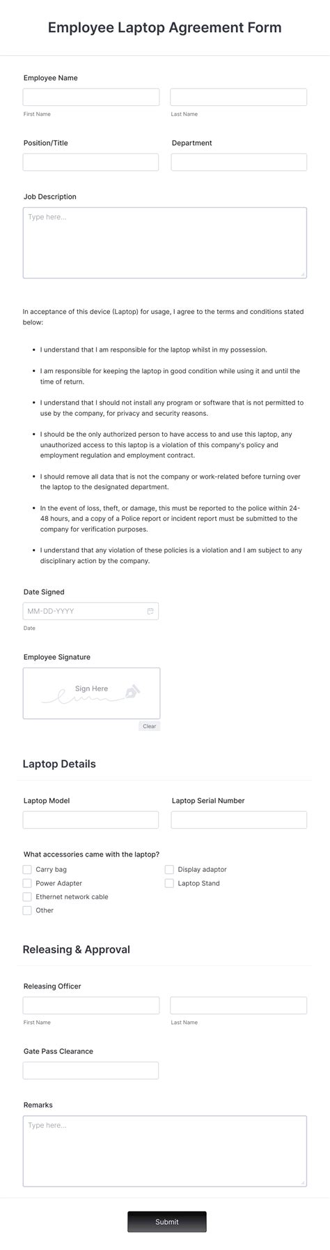 Employee Laptop Agreement Form Template Jotform