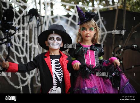 Halloween Kids Trick Or Treat Kids Wears Costume Of Skeleton And