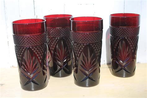 Antique Pattern Ruby Red Glass Tumblers Vintage Luminarc France