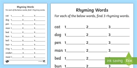 Rhyming Words Worksheet Primary Resources Twinkl