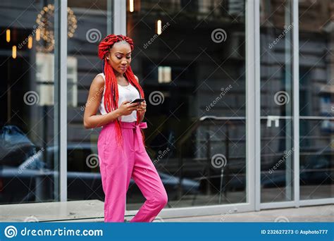 fashionable african american girl with red dreads stock image image of phone haircut 232627273