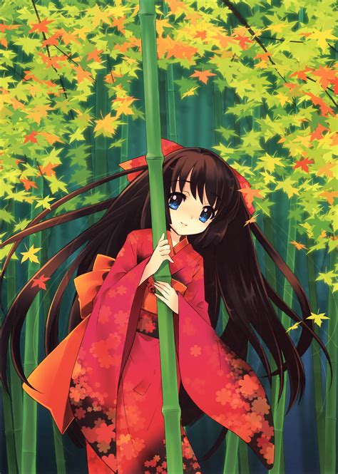 Anime Girl Brown Hair Kimono Long Hair Ribbon Smile Tree Wallpaper