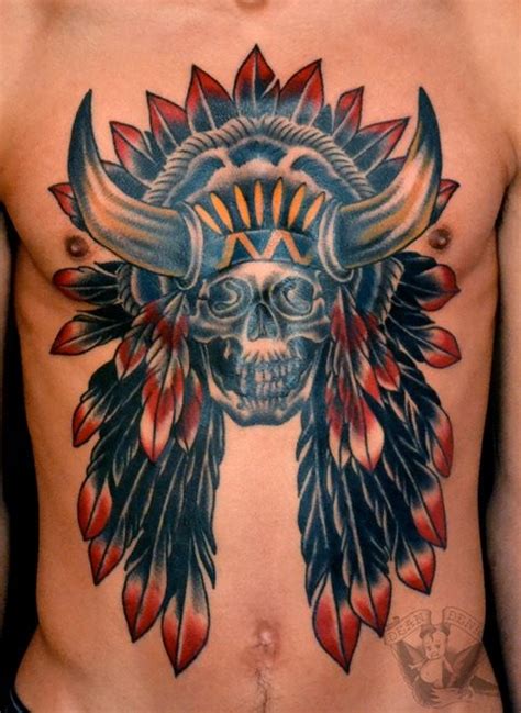 American Native Multicolored Indian Chief Skull Tattoo On Chest Tattooimagesbiz