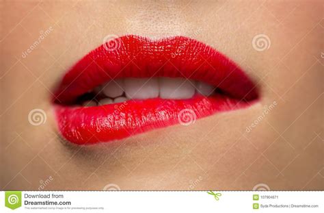 Close Up Of Woman With Red Lipstick Biting Lip Stock Image Image Of