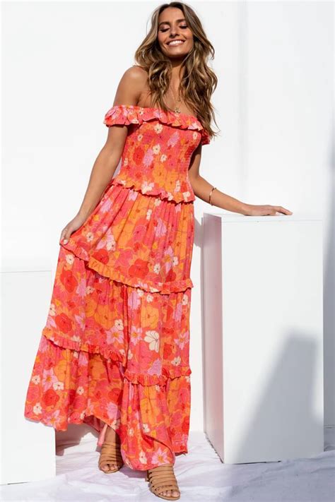 Flowy Ruffle Floral Print Off Shoulder Maxi Beach Vacation Dress