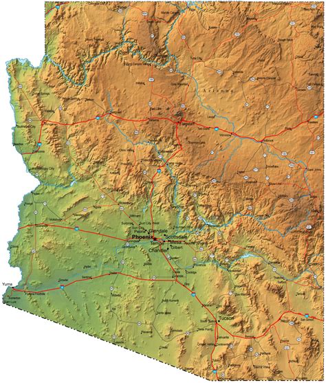 Detailed Elevation Map Of Arizona State With Roads And Cities Arizona