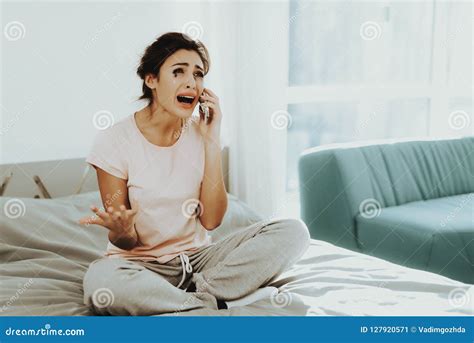 Crying Lonely Woman Phone Call Bedroom Concept Stock Image Image Of Desperate Adult 127920571