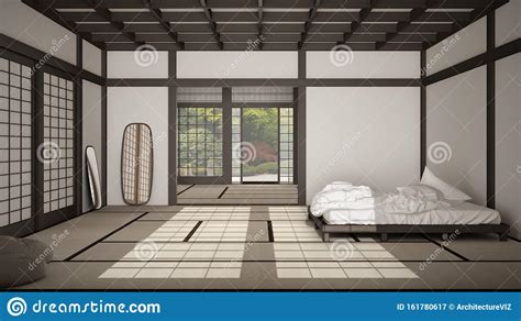 How to create uncluttered, quite and relaxing space? Zen Japanese Empty Minimalist Bedroom, Wooden Roof, Tatami ...