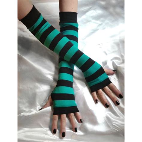 striped arm warmers sirène teal blue black gothic goth punk emo grunge stripes fingerless gloves