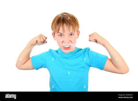 Angry Kid Muscle Flexing Isolated On The White Background Stock Photo