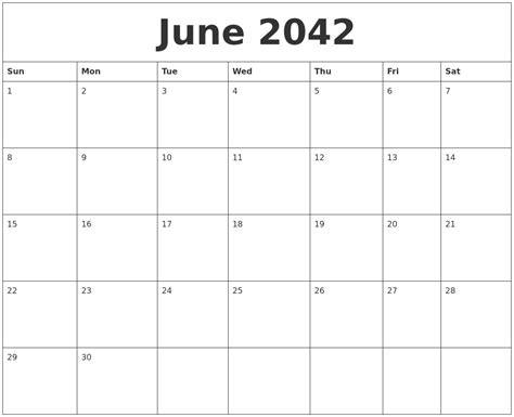 June 2042 Blank Monthly Calendar Pdf