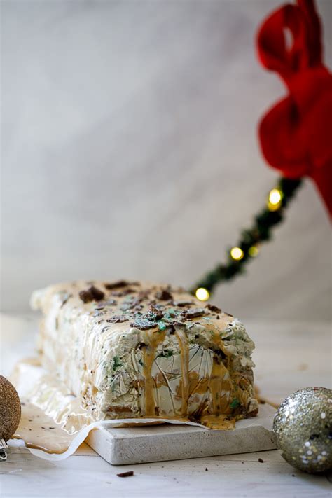 Use holiday flavors like peppermint, gingerbread cookie pieces, and salted caramel chips. Mint crisp caramel ice cream cake - Simply Delicious