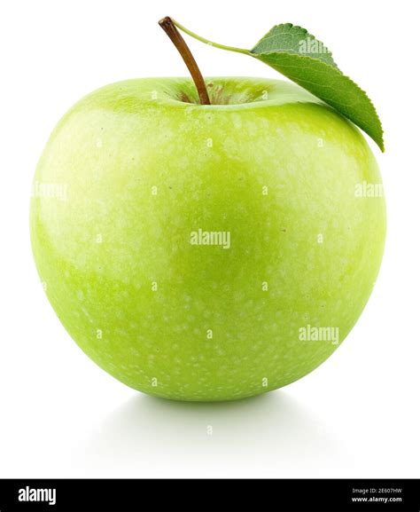 Single Green Apple Fruit With Green Leaf Isolated On White Background