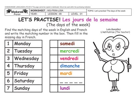 Days Of The Week French Worksheets