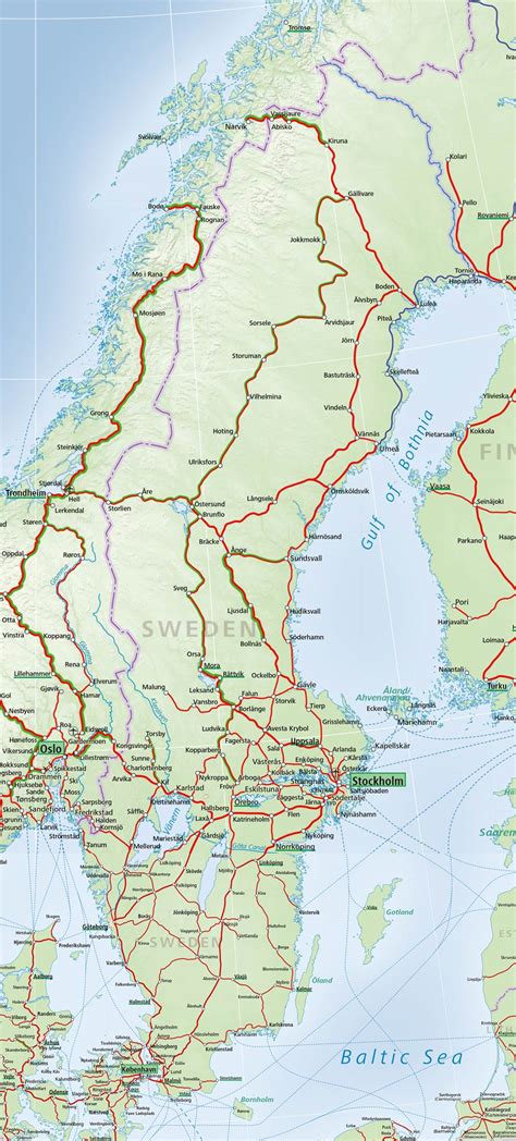 Physical map of sweden showing major cities, terrain, national parks, rivers, and surrounding countries with international borders and outline maps. Eurail Sweden Pass - ACP Rail