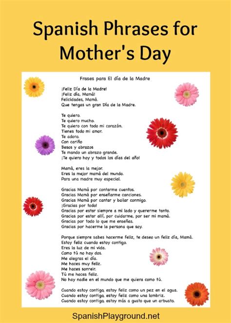 Well, beside the ways we wrote above, here are another few ways to say mom in the exotic language Spanish Phrases for Mothers Day - Spanish Playground