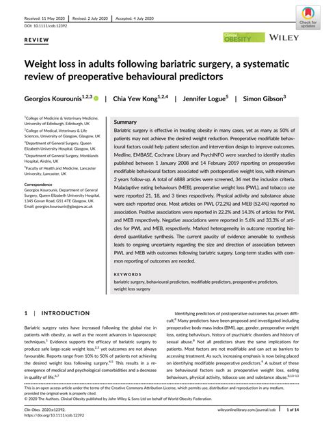 Pdf Weight Loss In Adults Following Bariatric Surgery A Systematic