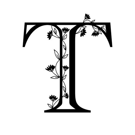 Floral Botanical Alphabet Vintage Hand Drawn Monogram Letter T Letter
