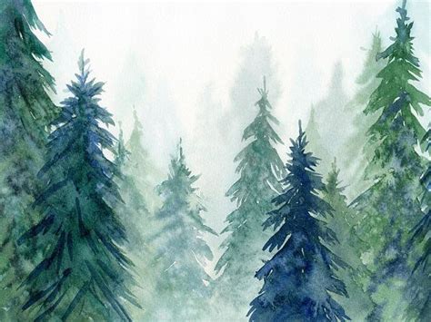 Forest Printable Wall Art Watercolor Evergreen Trees Painting Nordic