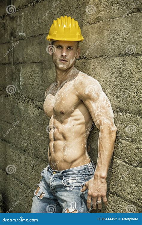 Handsome Muscular Construction Worker Standing Stock Photo Image Of