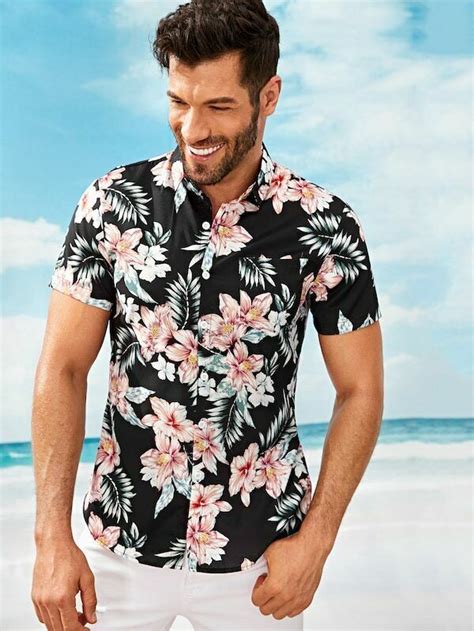 Men Tropical Floral Print Pocket Front Short Sleeve Collar Shirt