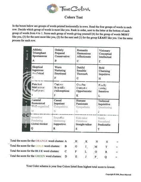 True Color Personality Test Printable