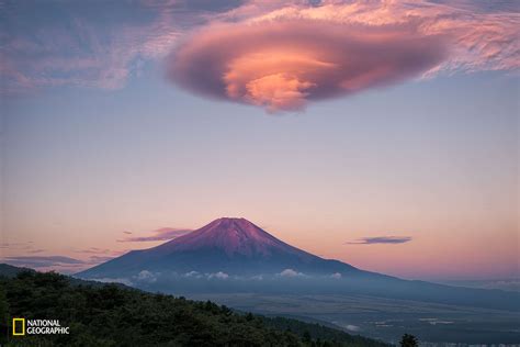 Lenticular Clouds Glowing Pink In The Sunrise Hover Over Mount Fuji In