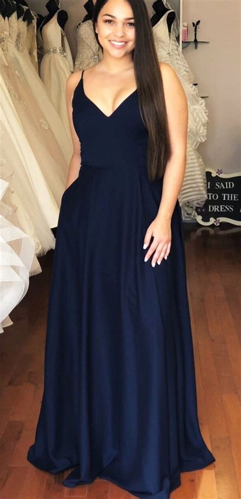 Simple Plus Size Navy Blue Long Prom Dress With Pockets Navy Blue