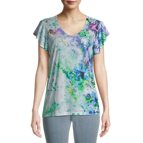 Time And Tru Time And Tru Womens Sublimation Flutter Sleeve Top