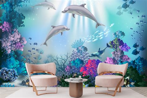 Tropical Dolphin Wallpaper Wall Mural
