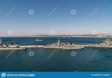 Wide Shot On Group Of Navy Vessels In Port Of Valparaiso Chile
