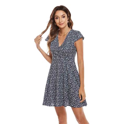 Summer Casual Navy Blue Floral Cap Sleeve Mini Skater Dress Apricus