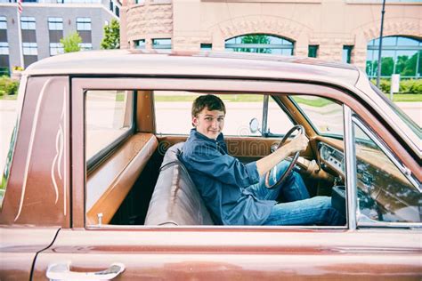 Happy Young Caucasian Teenage Boy Driving Car Stock Photo Image Of