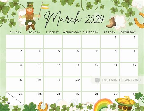 Editable March 2024 Calendar For The Lucky Month With Clovers Cute Pri
