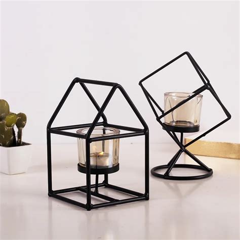 1set Nordic Style Iron Candlestick Holder 3d Geometric House Candle